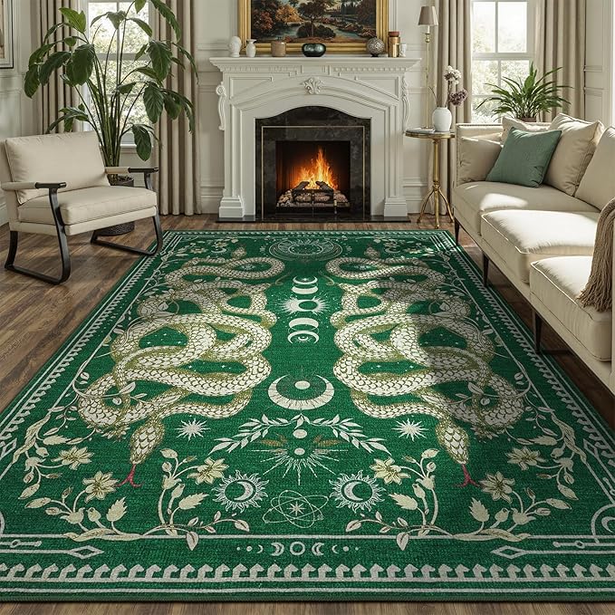 DCX 5x7 Washable Snake Rug for Living Room, Non Slip Low Pile Rug, Green | Rugs for bedroom, dining room, office, soft, gothic rug, sain resistant indoor carpet, home decor