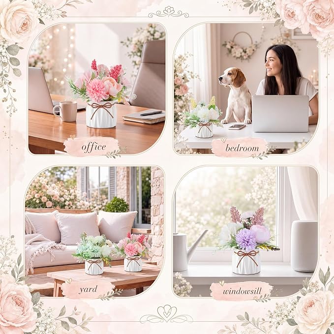 Cindeer 4 Pcs Large Artificial Potted Flowers Fake Potted Plants Plastic Faux Flowers for Home Decor Indoor Artificial Plants in Pots for Wedding Home Desk Tabletop Outdoor Office Kitchen (Elegant)