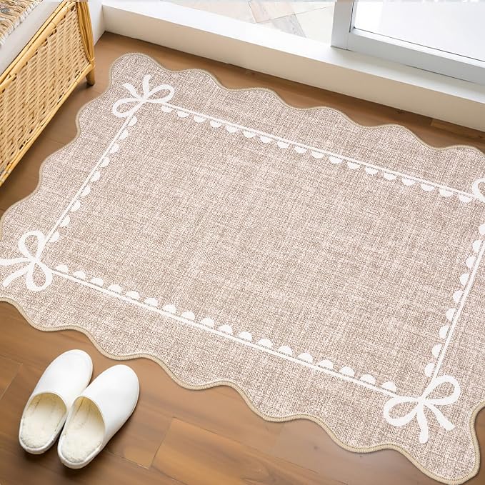 GarveeHome Scalloped Entryway Rug 2x3 Washable Front Door Bow Rug, Camel | Non Slip Soft Low Pile Ultra-Thin Stain Resistant Indoor Carpet for Girls Dorm Nursery Bedroom Decor Hallway Kitchen Floor