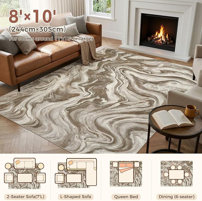 DMOYEST 8x10 Area Rug for Living Room Washable Abstract Indoor Carpet | Neutral Modern Low Pile Rugs Kid & Pet Friendly Large Soft Thin Carpet for Bedroom Dining Room and Office - Sand Brown
