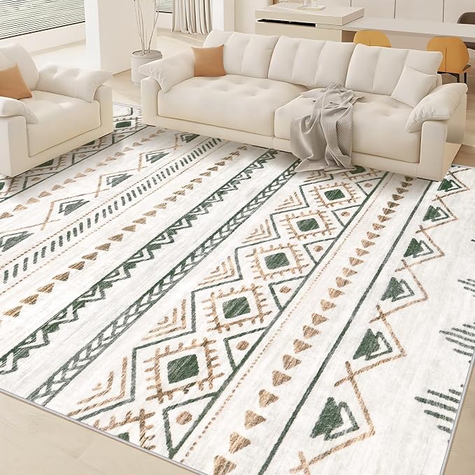 Area Rug for Living Room 10x14: Large Washable Boho Moroccan Rugs Geometric Neutral Rug, Non-Slip Foldable Morden Farmhouse Indoor Floor Carpet for Bedroom Dining Room Home Office（Brown Green,10'x14'）
