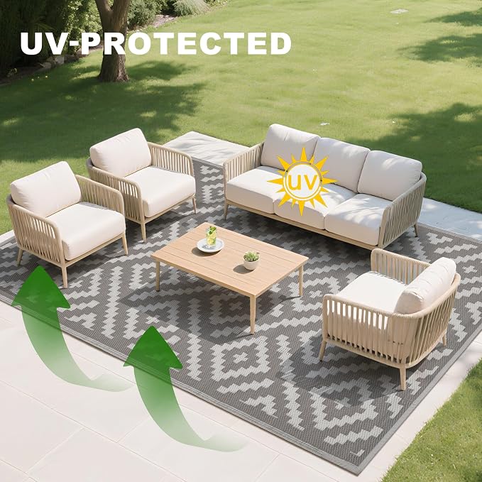 RURALITY Outdoor Rugs 5x8 Feet for Patios Clearance,Plastic Straw Waterproof Mats for Backyard,Porch,Deck,Balcony,Coffee&Beige