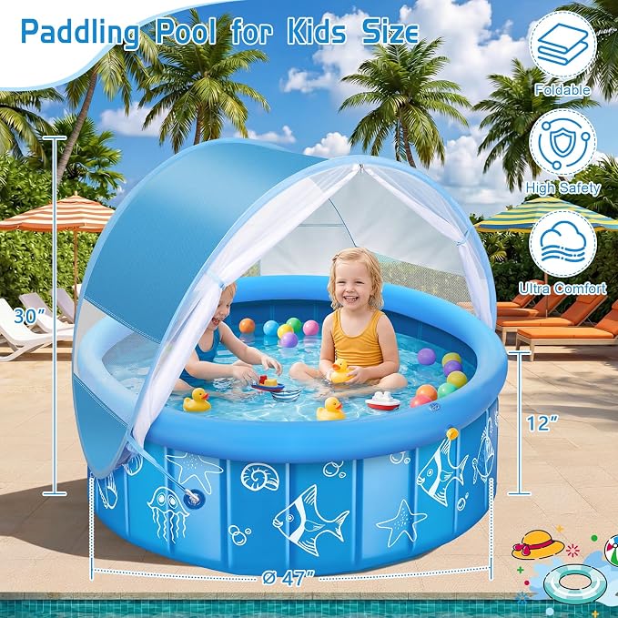KJX Baby Pool with Canopy Sprinkler, 47in Foldable Kiddie Pool with Tent | Pop Up Baby Beach Tent with Mosquito Net and Sun Shade Canopy, Portable Toddler Kids Small Pool for Backyard Beach Outdoor