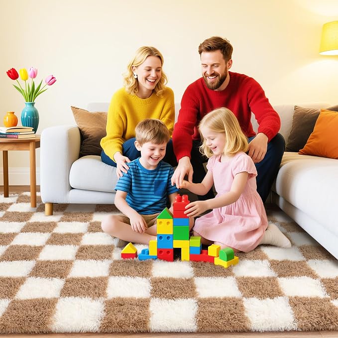 Checkered Rug for Living Room 8x10, Ultra Fluffy Fuzzy Shag Large Area Rug for Bedroom, Modern Plush Soft Upgrade Non-Slip Carpet for Kids Girls and Boys Room Dorm Home Decor, Cream and Camel