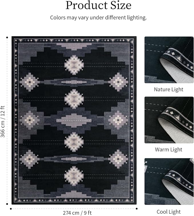 9'x12' Washable Large Living Room Area Rug, Black and Grey Western Rug | Soft, Non-Slip, Low Pile, Southwestern Aztec Design, for Boy Bedroom Dining Room Playroom, Pet Friendly