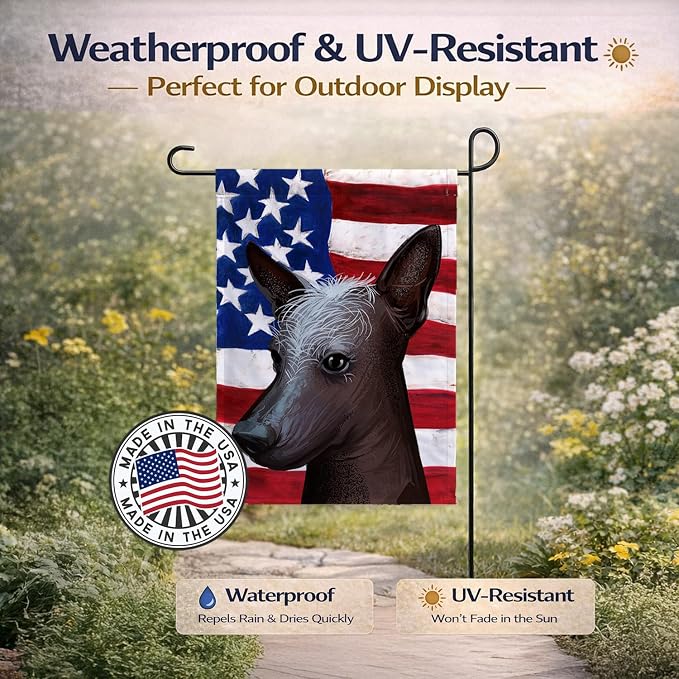 Caroline's Treasures CK6614GF Mexican Hairless Dog American Flag Garden Flag Mailbox Flag Decorative Yard Flag Banner Outside Patio Artwork Yard Flower Beds, Garden Size, Multicolor