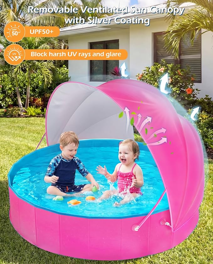 Jasonwell Kiddie Baby Pool with Canopy - Foldable Infant Toddler Kids Pool with Shade Baby Beach Essentials Tent Swimming Wading Pools for Toddlers 1-3 + Kids Dogs Ball Pit Backyard Water Play R, 40"