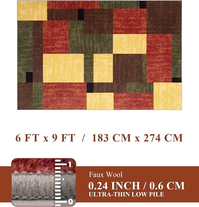 Red and Green Area Rug 6x9 for Living Room,Burgundy Farmhouse Rugs Washable, Burnt Orange Vintage Rug Non Slip,Geometric Boho Area Rug for Kitchen,Dining Room,Bedroom