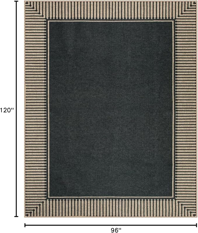 Moynesa Striped Border Easy Jute Outdoor Rug 8x10, Washable Indoor Outdoor Patio Area Rugs for Living Room Non Slip, Modern Classic Farmhouse Carpet for Dining Room Table, Black