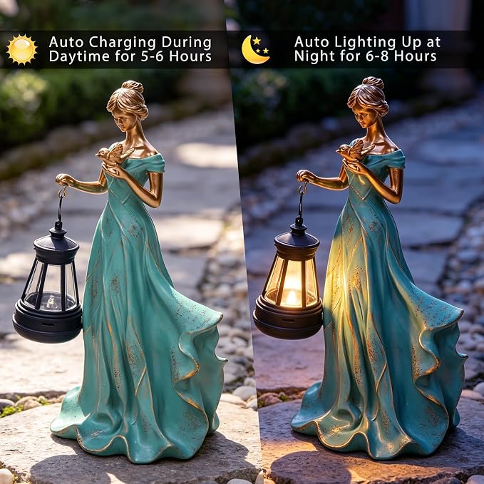 Solar Garden Statue Outdoor - Fairy Angel Statue Holding a Lantern, Waterproof Resin Vintage Green Girl Decoration for Yard Lawn for Woman Mom Grandma
