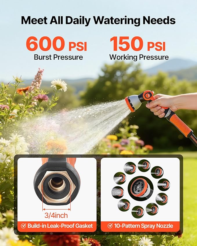 VEVOR Garden Hose, 150 ft 5/8" Heavy Duty Rubber Water Hose with 10 Mode Nozzle, 150PSI Working & 600PSI Burst, Flexible & Non-kink Outdoor Waterhose with 3/4" Fitting, Lightweight Hoses for Gardening