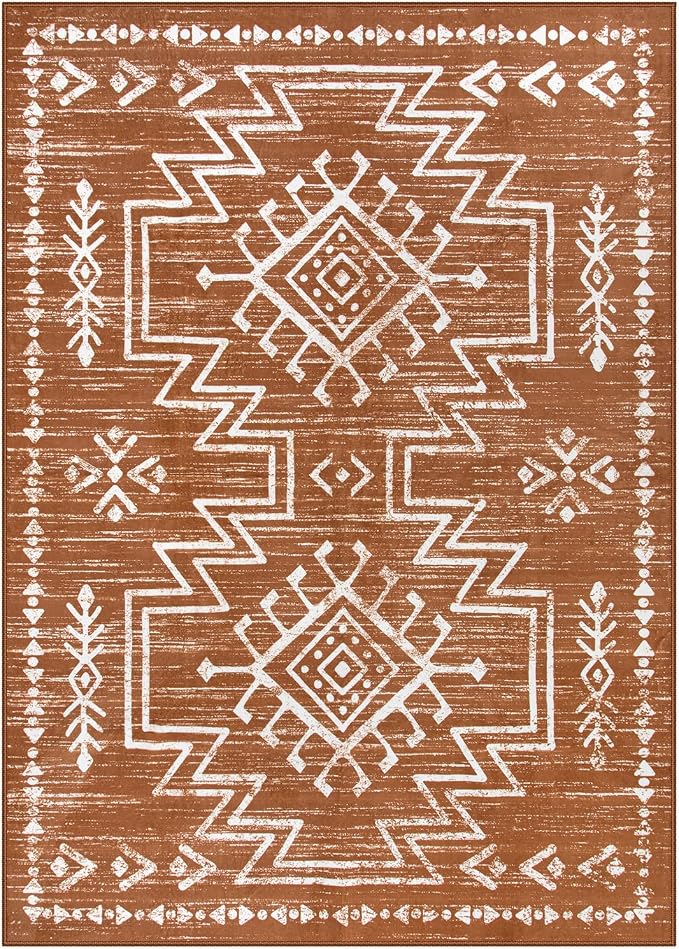Lahome Vivienne 5x7 Boho Rugs for Living Room, Washable Bedroom Western Area Rug, Low Pile Soft Burnt Orange Carpet, Stain Resistant Distressed Fall Rug Aztec Carpets for Dining Room