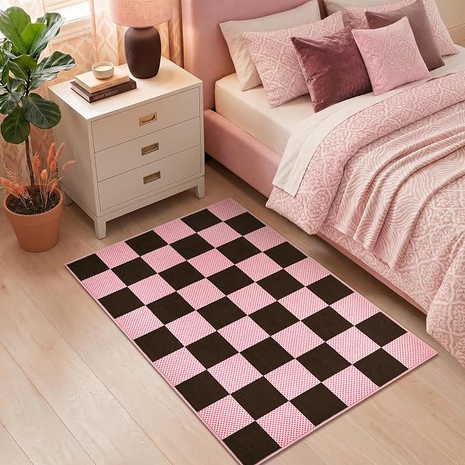 GarveeHome Checkered Brown Pink 2x3 Washable Rug Low-Pile Room Door Mat | Brown Pink Soft Stain Resistant Boys Rug for Entryway Bedroom Bathroom Kitchen Non-Slip Geometric Modern Rug TPE Backing