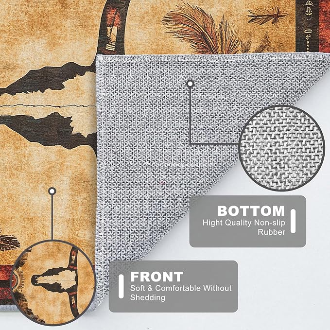 Western Area Rug Southwestern Cow Washable 2x3 Navajo Tribal Rugs for Living Room Bedroom Cowboy Rustic Non-Slip Soft Floor Large Carpet for Office Entryway Bathroom