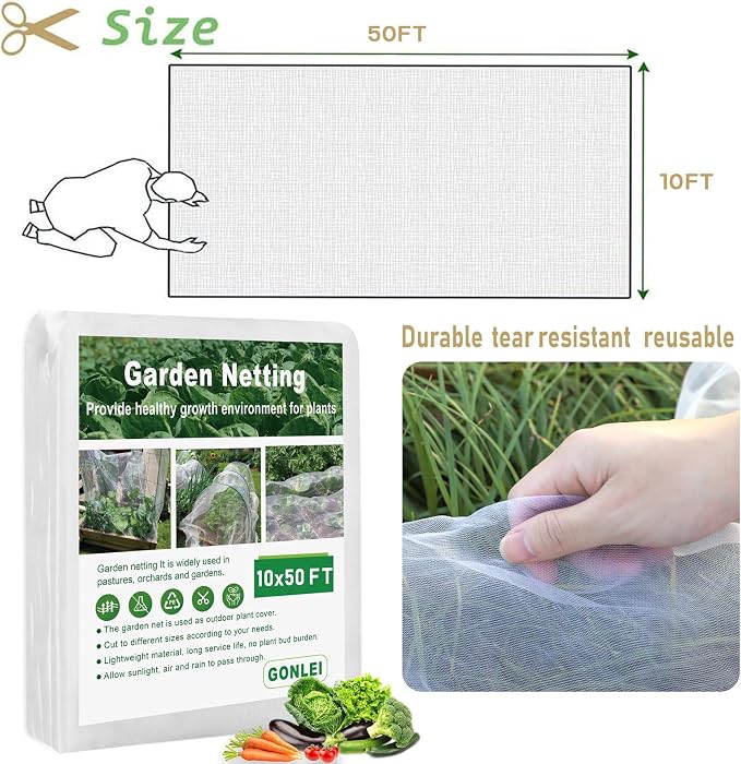 GonLei Garden Netting 10 X 50 FT Ultra Fine Netting for Garden Protection,Garden Netting for Raised Beds,Mosquito Net for Blueberry Shrubs Vegetables Fruits Flowers Crops Pest Barrier