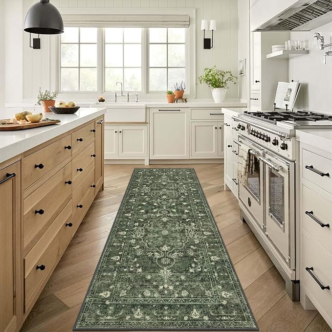 U'Artlines 2' x 6' Boho Hallway Runner Rug, Non Slip Runners, Dark Green | Washable, Vintage Farmhouse Kitchen Rug, Accent Area Carpet, for Entryway Laundry and Living Room