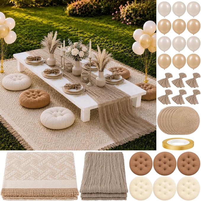 Cinrobiye Boho Picnic Party Set for Outdoor, Aesthetic Picnic Setup with Large Picnic Blanket, Floor Cushions, Table Runner, Napkins, Balloons for Wedding, Bridal Shower, Birthday(Coffee)