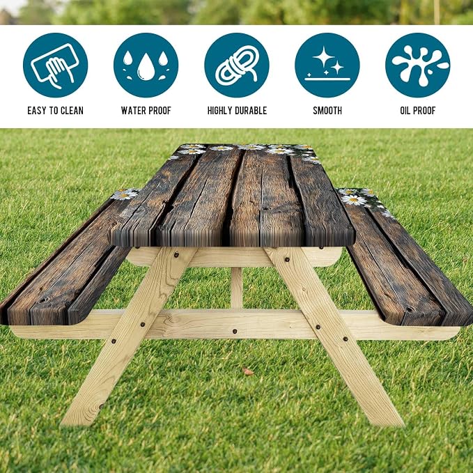 Picnic Table Cover with Bench Cover, Outdoor Patio Camping Essentials Farmhouse Daisy Table Covers with Elastic Waterproof Camping Tablecloth with Drawstring Bag, 96In 3PCS