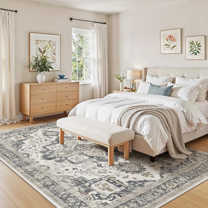 Vintage Washable 6x9 Area Rug for Living Room, Heathered Grey | Soft Low Pile Rug with Non-Slip Backing, Stain Resistant for Bedroom or Dining Room, Kid & Pet Friendly