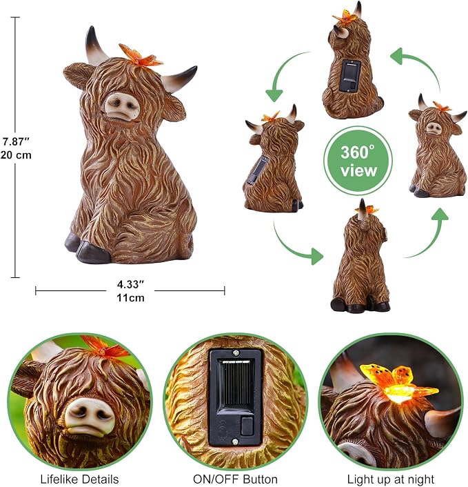 Solar Garden Statue Highland Cow Figurine | Outdoor Decoration with Butterfly for Garden Yard Lawn Home Decor Outside : Unique Gifts for Mom Grandma