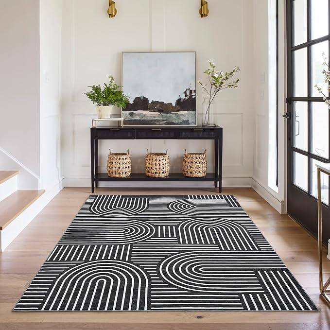 ROYHOME Modern Washable Rug 5x7 Area Rugs for Living Room Non Slip, Black | Abstract Rug for Bedroom, Rainbow Throw Rugs with Rubber Back, Low Pile Stain Resistant Boho Geometric Carpet for Dining Room