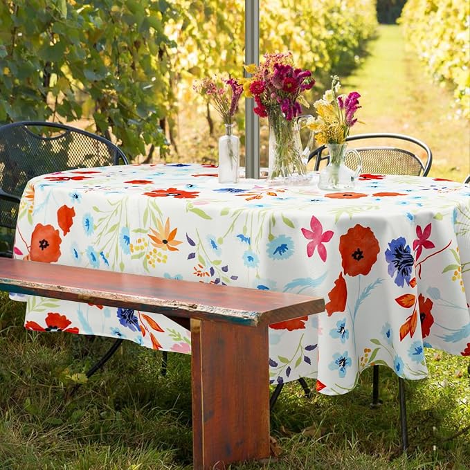 Oval Outdoor Tablecloth with Umbrella Hole and Zipper, Patio Table Covers for Spring/Summer, Machine Washable Outdoor Party/Picnic Oval Table Cloth
