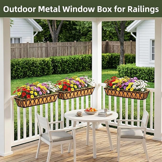 30 Inch 6 Pack Railing Planter with Adjustable Brackets, Window Box with Coco Liner, Hanging Metal Flower Box for Balcony Deck Fence Porch, Black