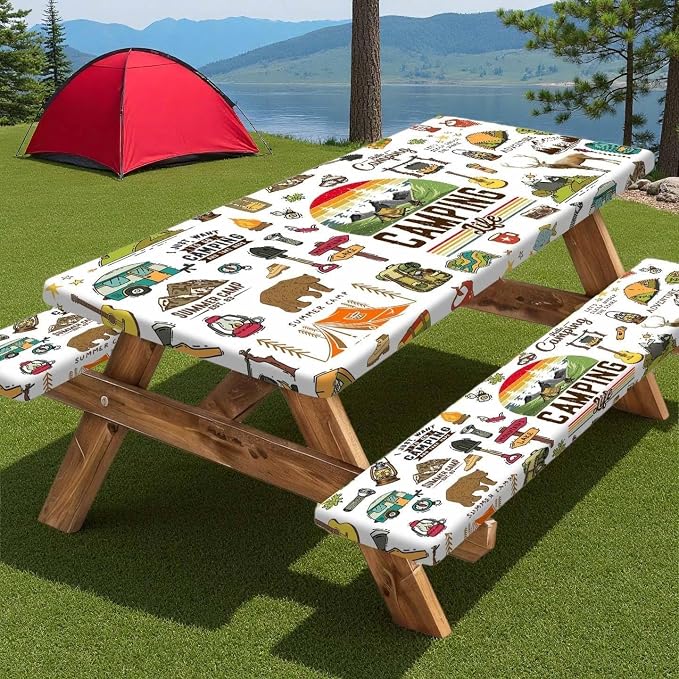 Picnic Table Cover with Bench Covers Camper RV Camping Essentials Waterproof Windproof Camping Tablecloth with Drawstring Bag, Fitted Rectangle Tables and Seats White，60" x 30" inch