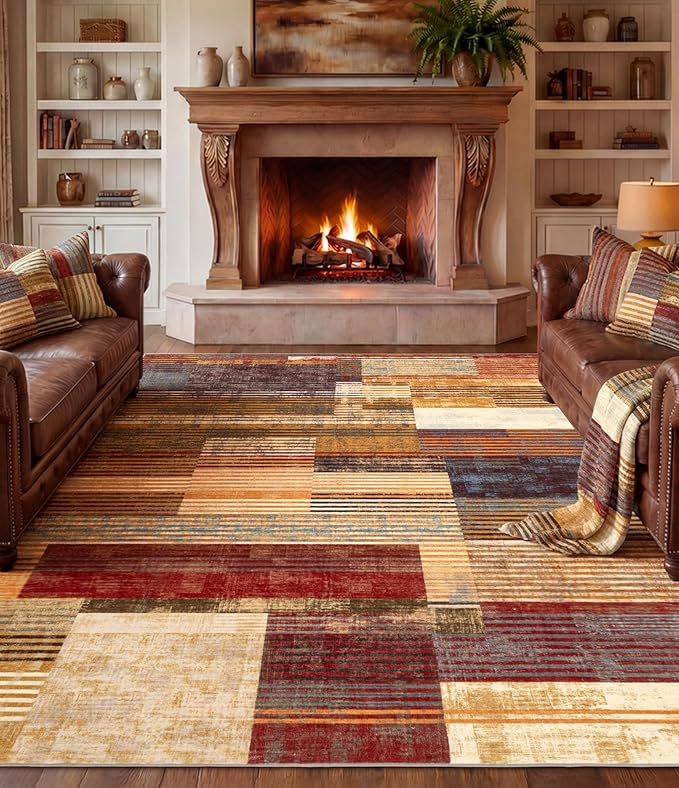 Brown Area Rug 8x10, Farmhouse Rugs Washable,Vintage Burgundy Carpets for Bedroom,Burnt Orange Area Rug Non Slip,Geometric Boho Rug for Kitchen,Dining Room
