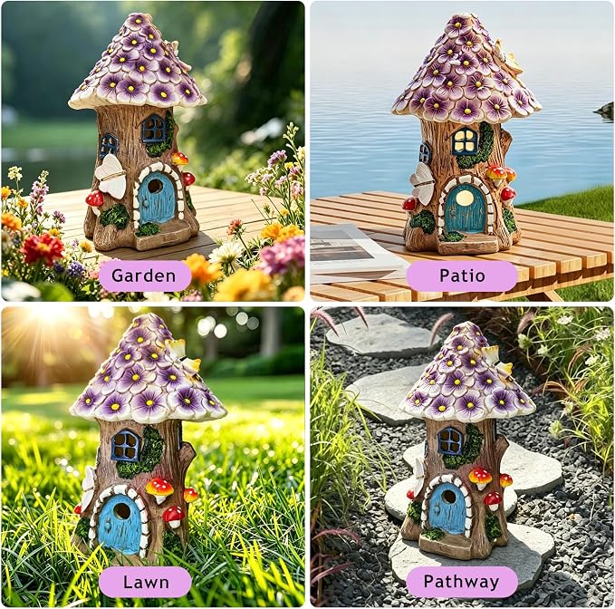 Fairy Garden House, Solar Fairy House for Outside Decor, Outdoor Mushroom Garden Statues for Yard, Lawn, Balcony Patio, Outdoor Figurine Lights Gifts for Mom Women