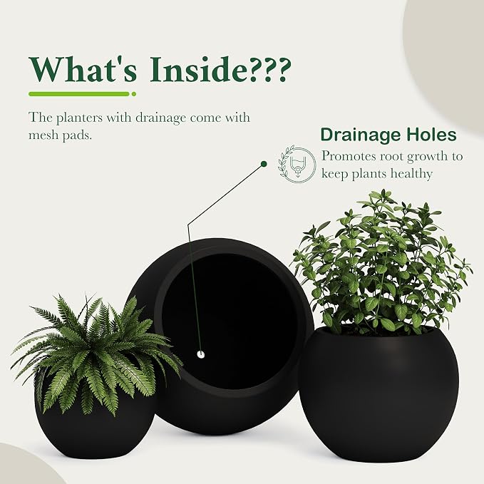 DTY Fiberstone Large Round Planter for Indoor Outdoor Use — Ball Globe Pot for Olive Tree, Monstera & Large Plants, Lightweight, UV Resistant, Drainage Hole, Coco Mat Included, Black, Medium 16.1'' D