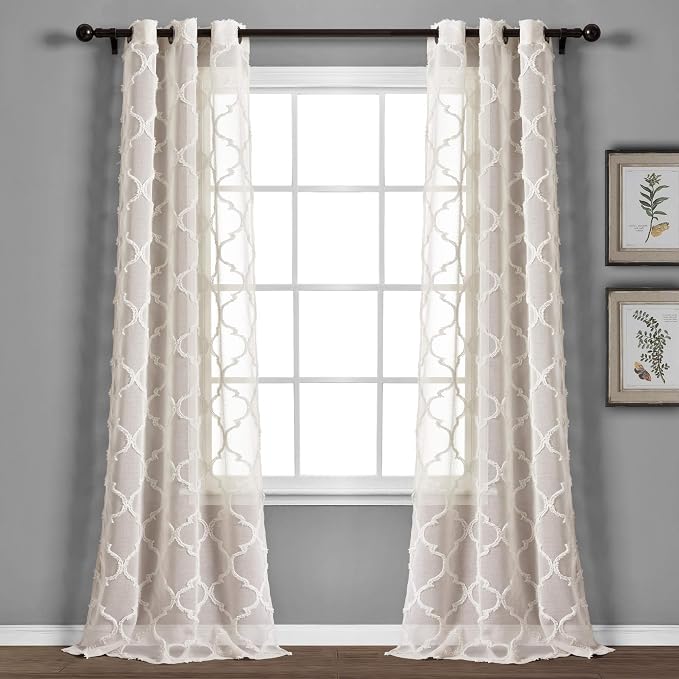 Lush Decor Avon Trellis Grommet Sheer Window Curtain Panels Pair 38" W x 95" L Beige - Sheer Curtains for Living Room - Modern Farmhouse Bedroom Curtains