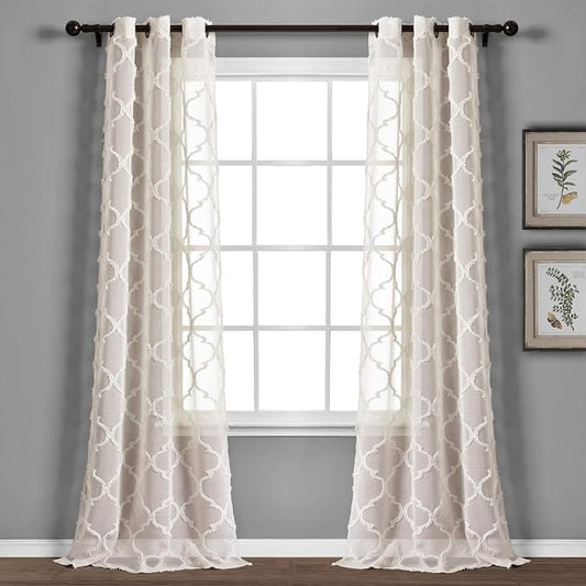 Lush Decor Avon Trellis Grommet Sheer Window Curtain Panels Pair 38" W x 95" L Beige - Sheer Curtains for Living Room - Modern Farmhouse Bedroom Curtains