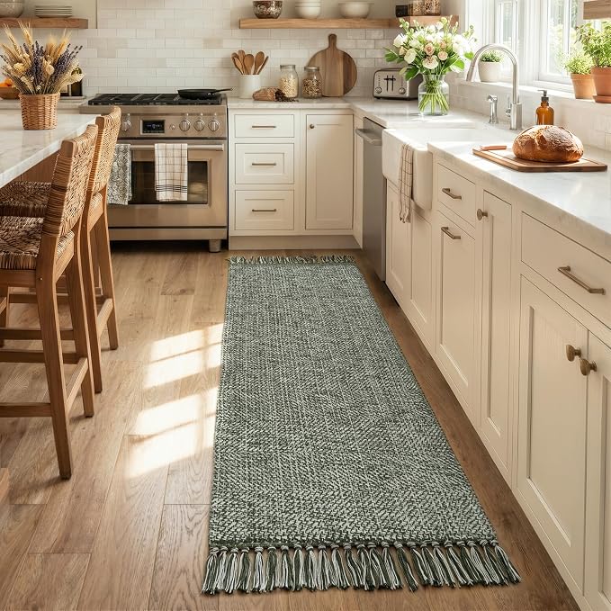 Sage Green Kitchen Runner Rug, 2' x 6' Boho Washable Bathroom Mat | Modern Farmhouse Hallway Runner Rugs Hand-Woven Reversible Bedroom Carpet for Laundry Entryway Home Decor