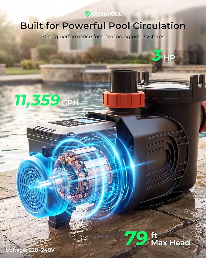 Variable Speed Pool Pump 3.0HP, Energy Efficient In-Ground Pump 220–240V, Ultra Quiet, 11359 GPH, Smart Timer Control, 79 ft Head, Dual Port 1.5"/2"
