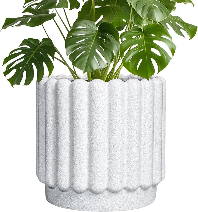 Ceramicfor Ceramic Plant Pot, 9.6 Inch, White | Drainage Hole, Round Flower Pot, Modern Fluted Design, Indoor & Outdoor Use