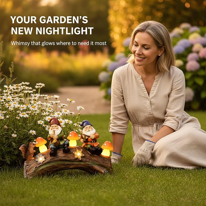 Solar Garden Gnome Statue - Whimsical Solar-Powered Lawn Ornament for Outdoor Decor, Waterproof Yard Art with Warm LED Mushroom Lights, for Homeowners & Garden Enthusiasts