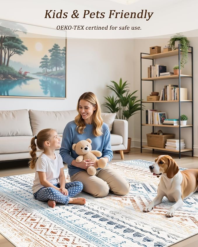 Miukiki 6x9 Area Rug Washable Non Slip Rug for Living Room Multi | Soft Low Pile Washable Area Rug Bedroom Dining Room, Stain Resistant Carpet with Easy Care Design 6'x9'