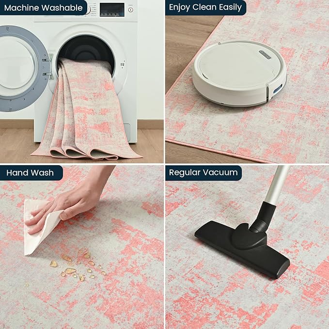 Toneed Washable 5x7 Area Rug with Non-Slip Backing for Living Room | Abstract Modern Rugs, Soft Low Pile Carpet for Bedroom Kitchen Dining Room Nursery Indoor Floor Office Home Decor, Pink Grey