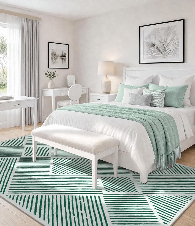 6‘x9' Washable Mid Century Modern Green Area Rug for Living Room | Non-Slip, Soft, Low Pile, Stain Resistant, Modern Geometric Stripe Rug for Bedroom Dining Room