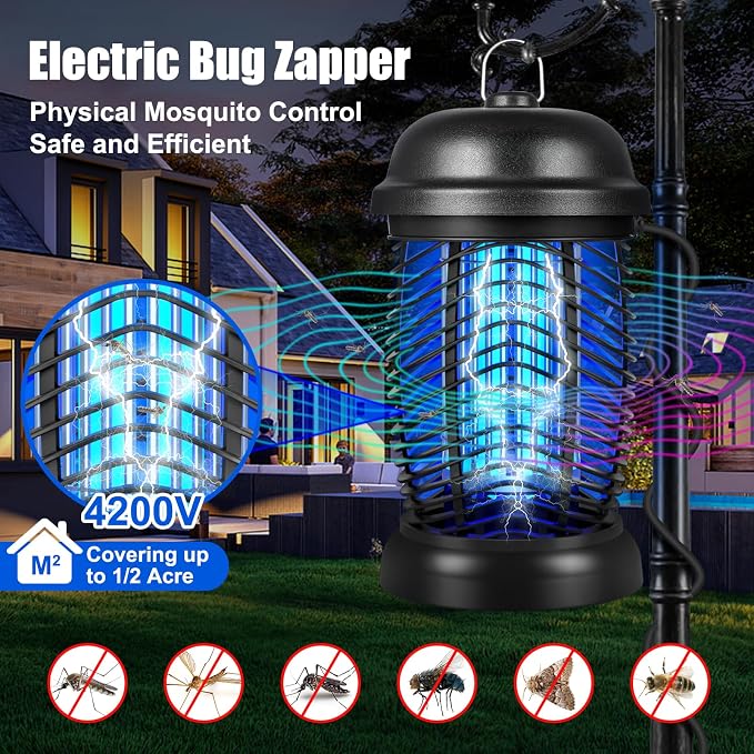 Bug Zapper Outdoor, 4200V Electric Mosquito & Fly Zapper, Black | Covers Up to 1/2 Acre, Fly Traps for Patio Backyard, 3 Prong Plug, 90-130V ABS Plastic Outer, Mosquito Killer
