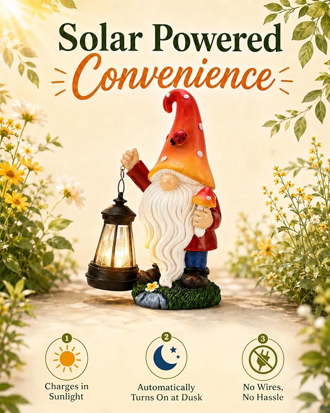 Solar Mushroom Gnome Garden Decor: Outdoor Sculpture with Lantern | IP65 Weatherproof for Yard Balcony Porch Lawn Birthday Gifts for Mom Women Grandma