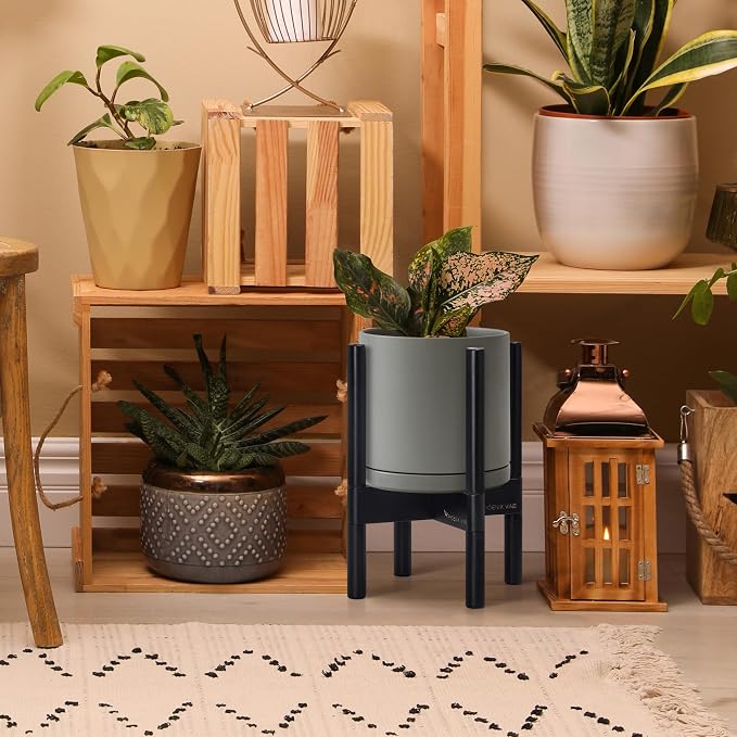 D'vine Dev Ceramic Planter with Ebony Stand - 8 Inch Modern Round Flower Pot with Wood Planter Holder, Grey, 55-B-M-3