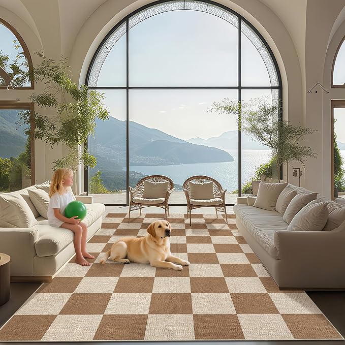 GarveeHome Checkered Easy Jute Area Rug 10x13 Machine Washable Non-Slip Stain Resistant Indoor Outdoor Rugs for Living Room, Bedroom, Kitchen, Dining, Patio Farmhouse Style Brown