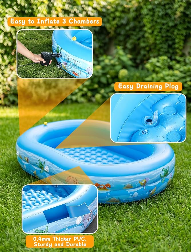 Inflatable Kids Pool with Canopy and Sprinkler 65" x 46", Kiddie Blow Up Pool with Shade Cover for Baby Swimming, Toddler Ball Pit for Backyard Water Fun Indoor Outdoor Summer Toys