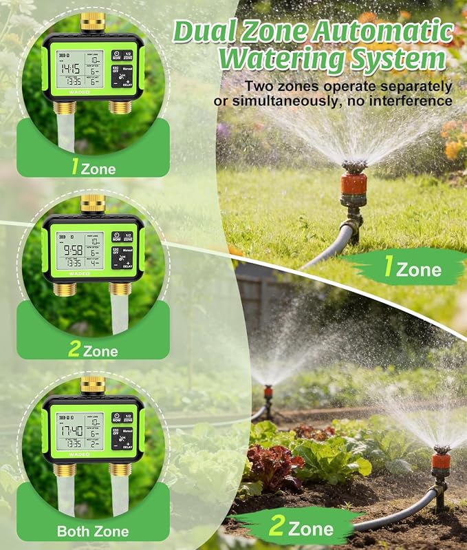 Sprinkler Timer with Brass Inlet Outlet for Garden Hose, Outdoor 2 Zone Water Hose Timer with Rain Delay/Auto/Manual/Child Lock, Rainpoint Drip Irrigation Controller for Lawn Yard Garden Watering