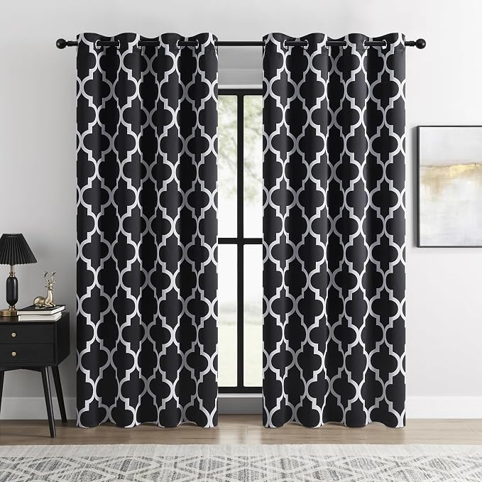 Moroccan Trellis Black and White 100% Blackout Curtains for Bedroom – Thermal Insulated, Noise Reducing, Grommet Top, 52×84 in,2 Panels