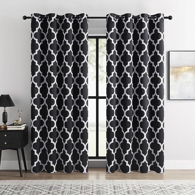 Moroccan Trellis Black & White 100% Blackout Curtains for Bedroom – Thermal Insulated, Noise Reducing, Grommet Top, W52×L96 in,2 Panels