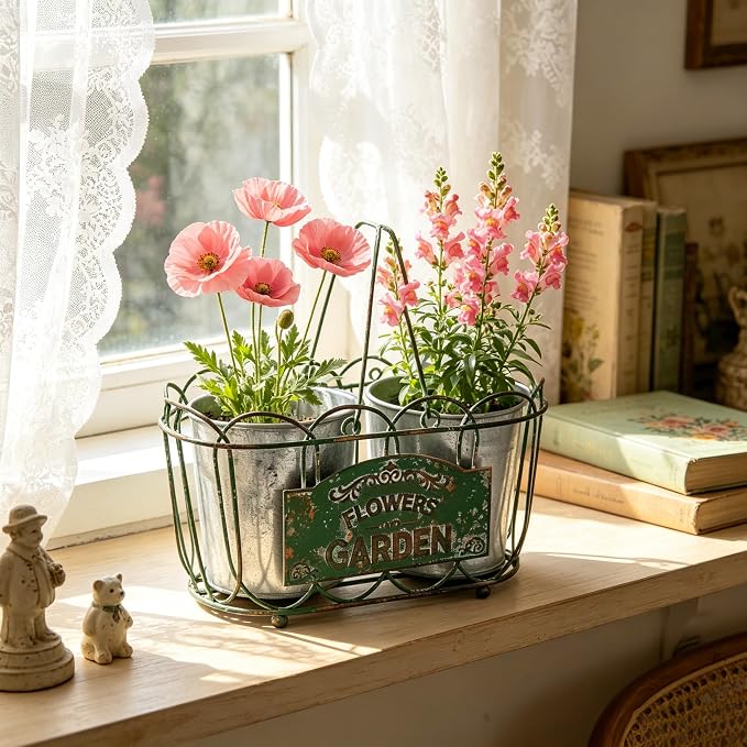 Vintage Green Iron Planter Basket with 2 Metal Flower Pots - Rustic Farmhouse Plant Holder for Indoor Outdoor Balcony, Window Sill, Tabletop Decor (Green#3)