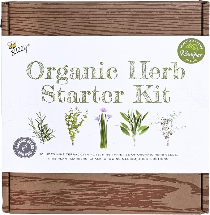 Buzzy Seeds Organic Herb Garden Kit 9-Pack - Mini Terracotta Pot Grow Set - Complete Indoor/Outdoor Gardening Kit with Seeds, Coconut Husk Growing Medium & Genuine Pots - 100% Grow Guarantee